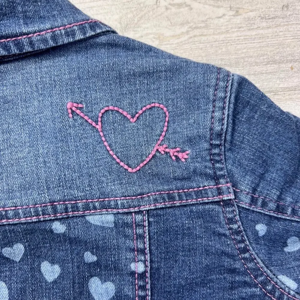 Hatley Jacket Girls 2 Blue Denim Heart Print Lined Embroidered
